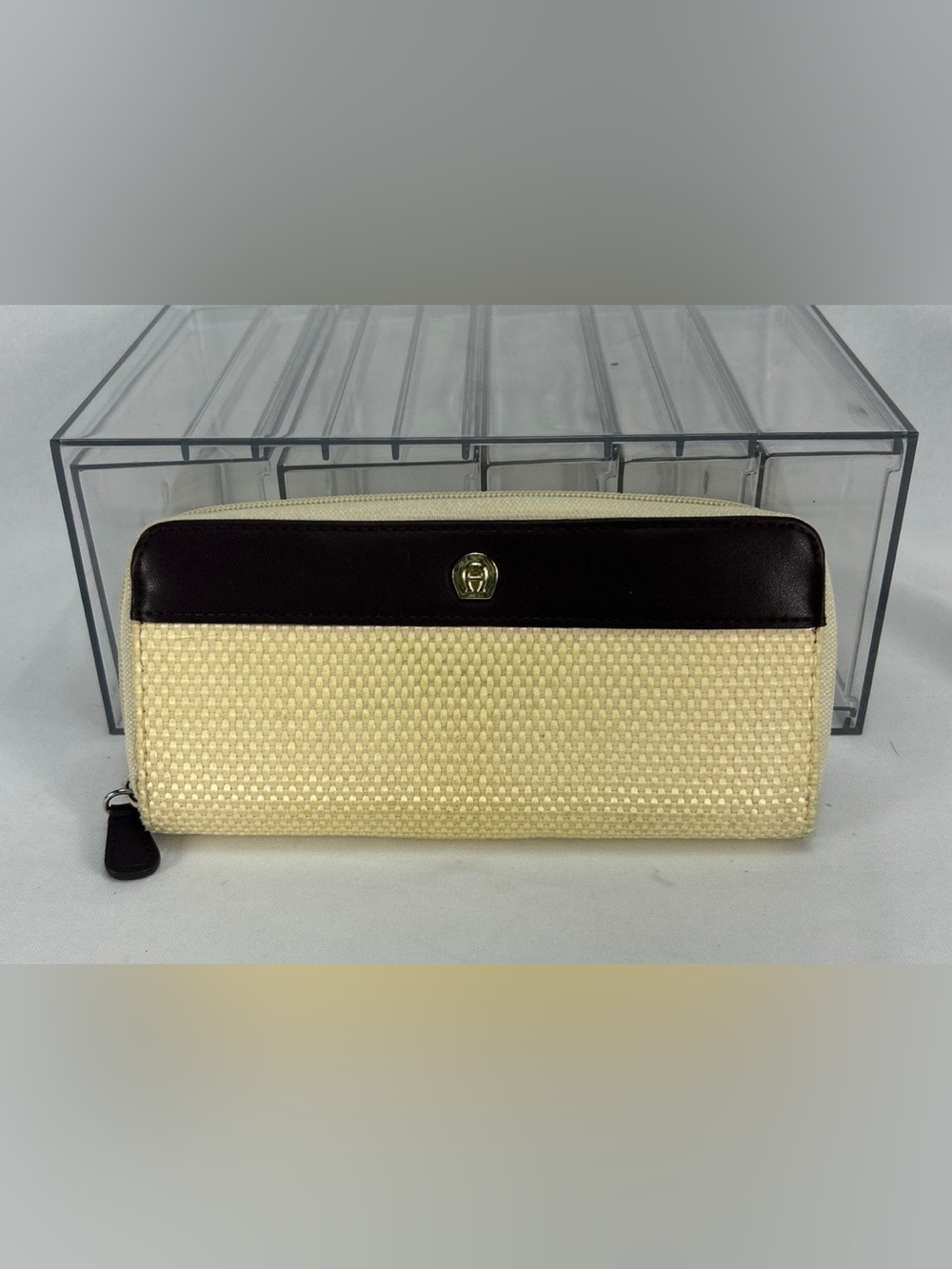 Etienne Aigner Straw Weave Yellow Clutch/Wallet with Dark Trim